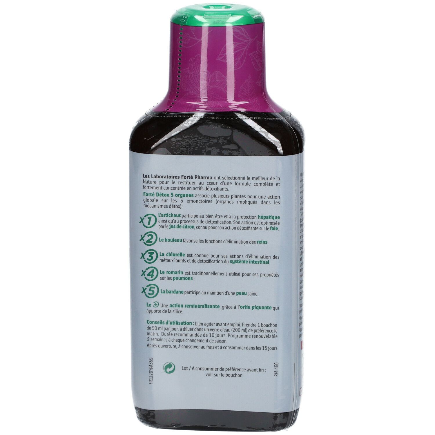 Dos de la bouteille Forté Pharma FORTÉ DÉTOX 5 ORGANES. Texte multilingue. Informations sur le produit.