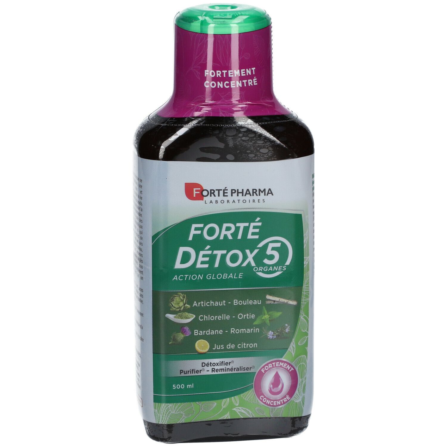 Bouteille de Forté Pharma FORTÉ DÉTOX 5 ORGANES. Étiquette verte, violette et blanche. Nom du produit et ingrédients visibles.