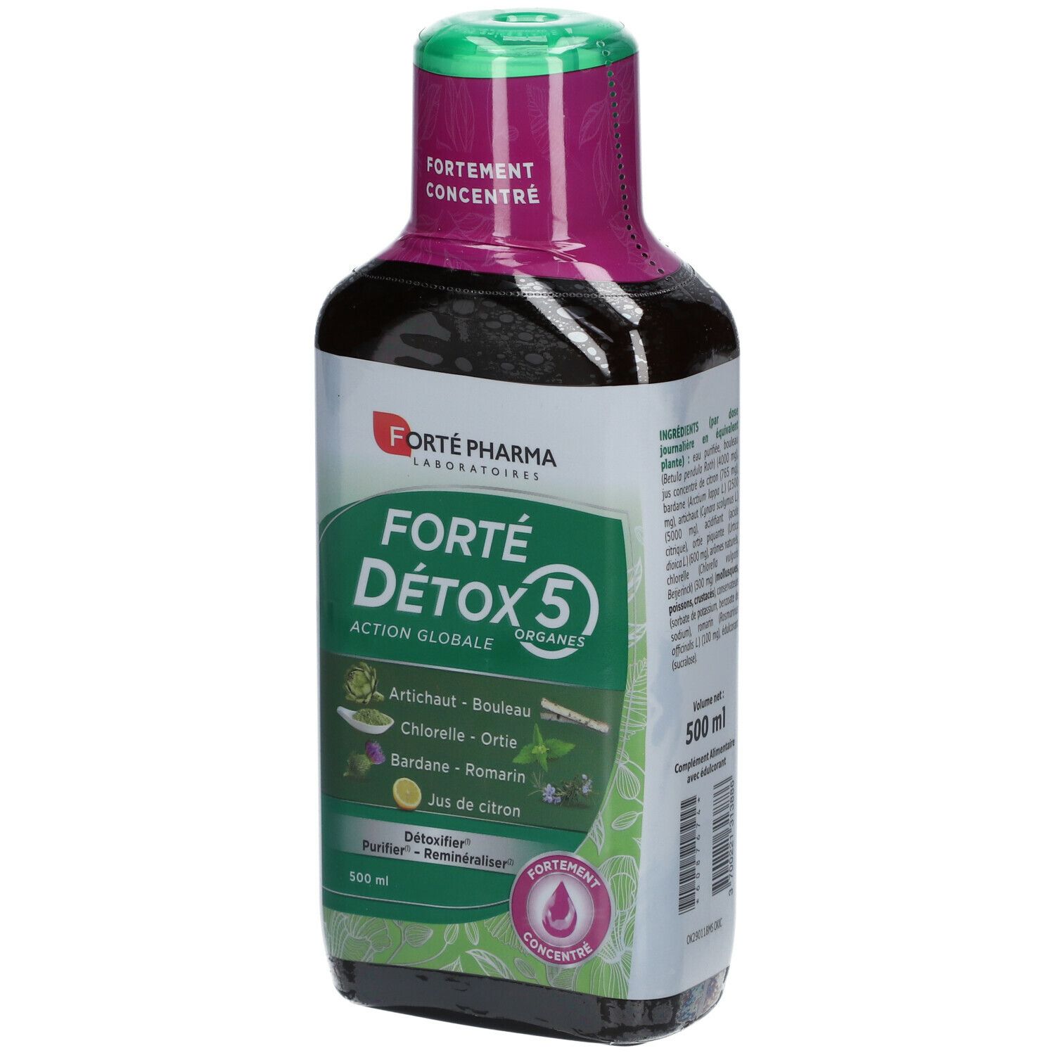 Bouteille de Forté Pharma FORTÉ DÉTOX 5 ORGANES. Étiquette verte, violette et blanche. Nom du produit et ingrédients visibles.