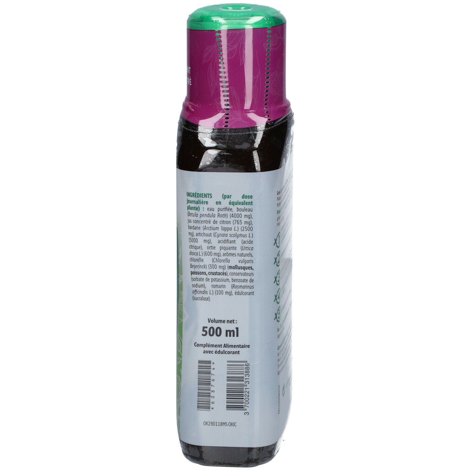 Dos de la bouteille Forté Pharma FORTÉ DÉTOX 5 ORGANES. Liste des ingrédients et indication du volume : 500 ml.