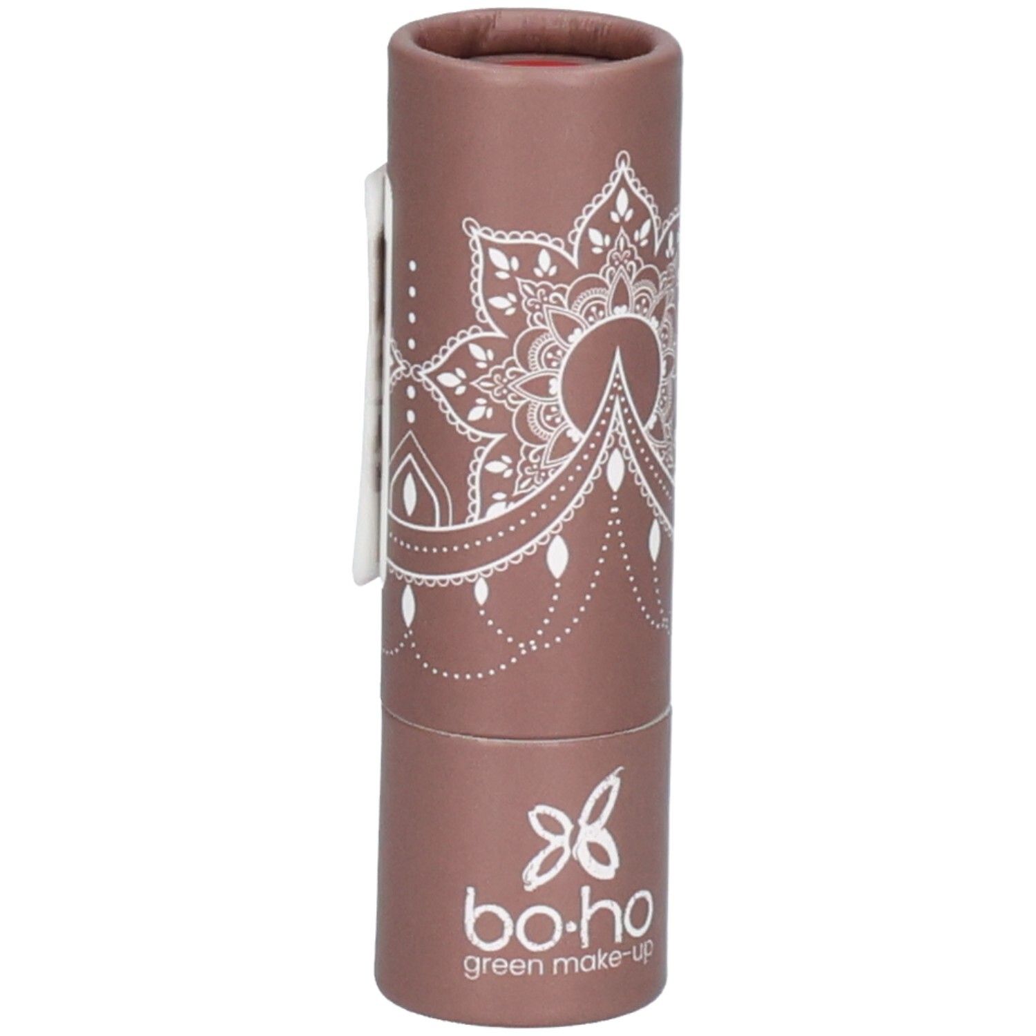 Rouge à lèvres dans un emballage en carton marron. Motif mandala blanc. Marque : bo.ho green make-up.