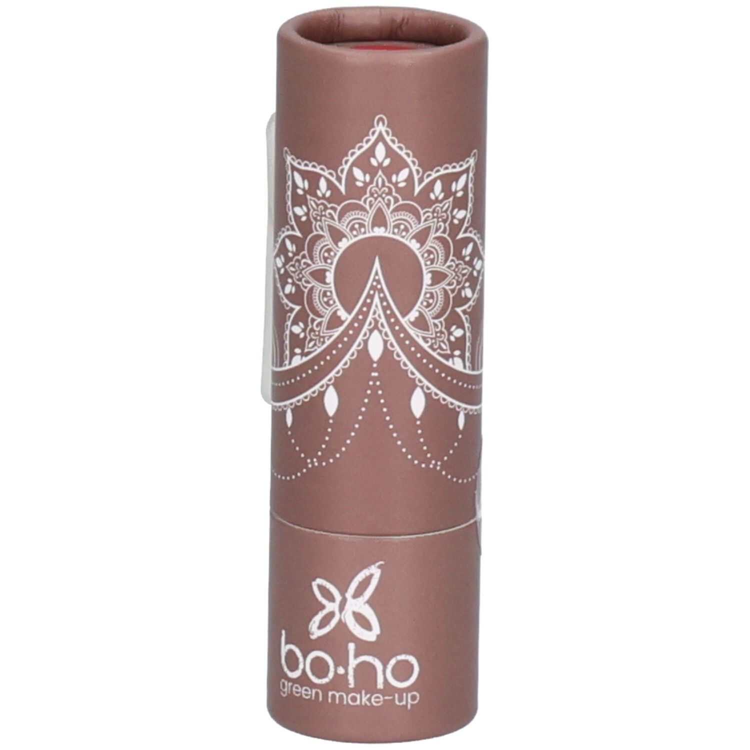 Rouge à lèvres dans un emballage en carton marron. Motif mandala blanc. Marque : bo.ho green make-up.