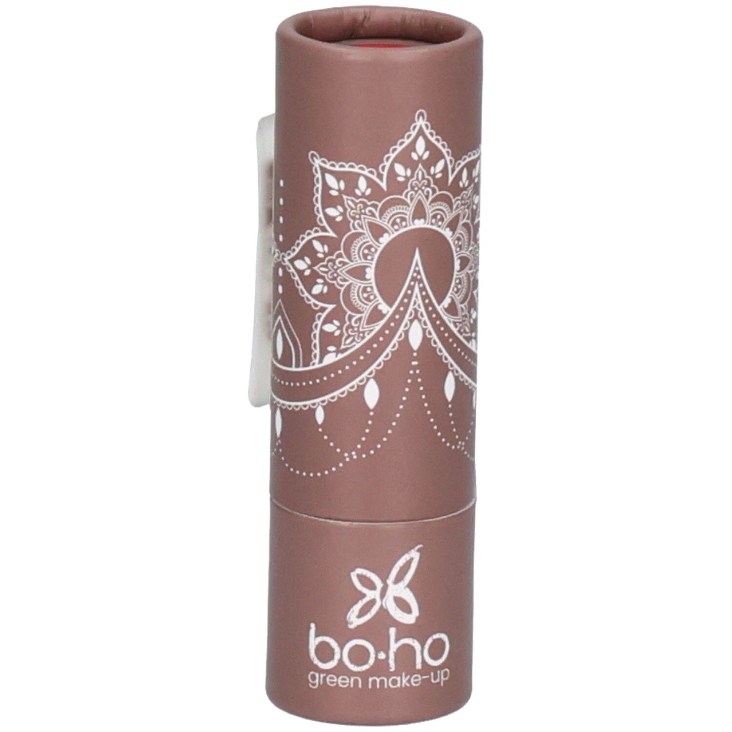 Rouge à lèvres dans un emballage en carton marron. Motif mandala blanc. Marque : bo.ho green make-up.