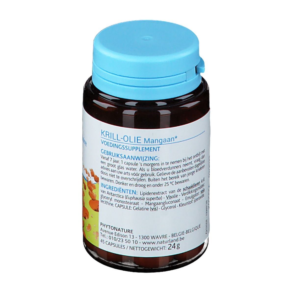 Capsules brunes dans un flacon marron avec bouchon bleu. Inscription : Huile de Krill, Complément alimentaire. 45 capsules.