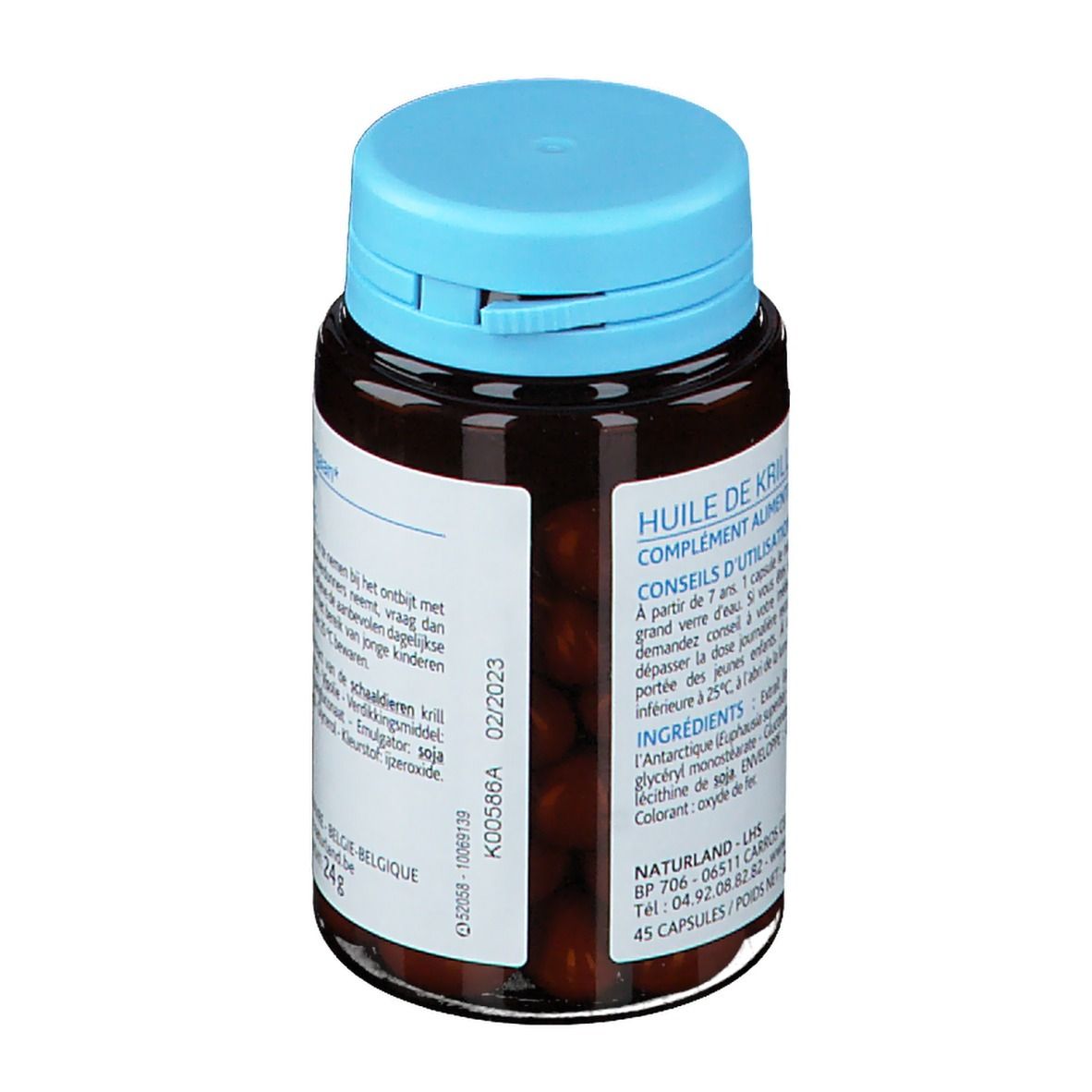 Capsules brunes dans un flacon marron avec bouchon bleu. Inscription : Huile de Krill, Complément alimentaire. 45 capsules.