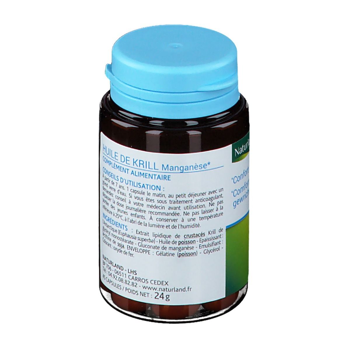 Capsules brunes dans un flacon marron avec bouchon bleu. Inscription : Huile de Krill, Complément alimentaire. 45 capsules.