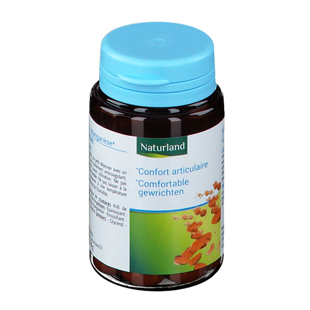 Capsules brunes dans un flacon marron avec bouchon bleu. Inscription : Naturland, 'Confort articulaire'.