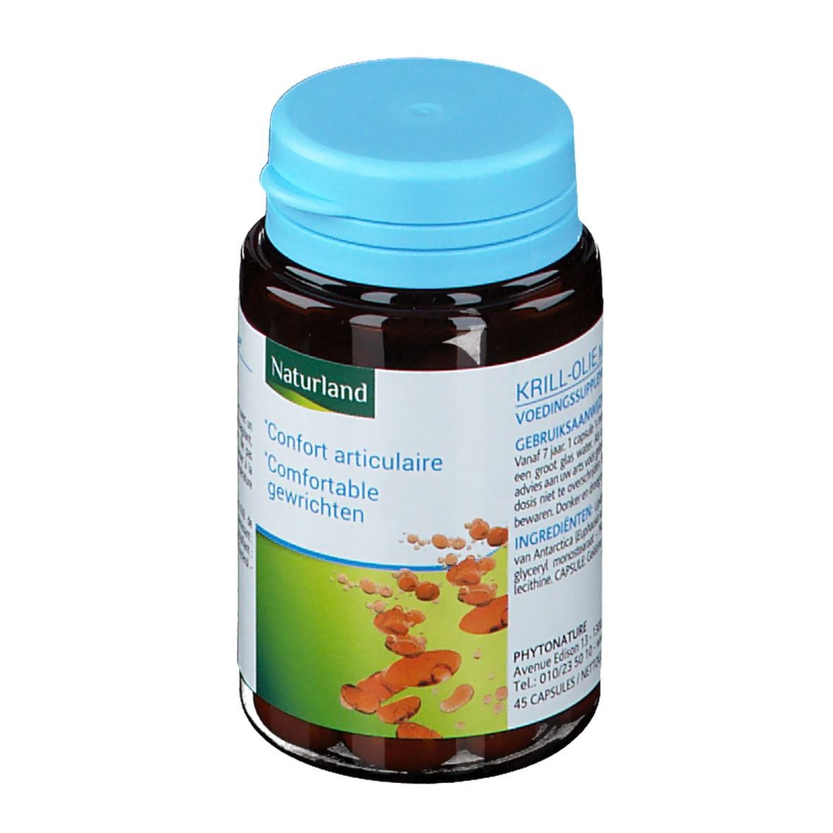 Capsules brunes dans un flacon marron avec bouchon bleu. Inscription : Naturland, 'Confort articulaire'.
