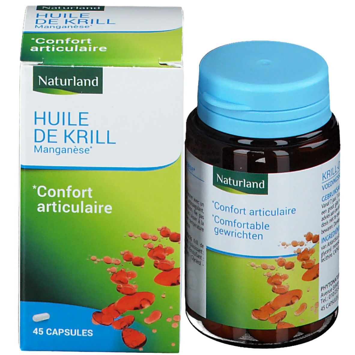 Capsules brunes et flacon avec bouchon bleu à côté d'une boîte verte. Inscription : Naturland, Huile de Krill, 'Confort articulaire'.