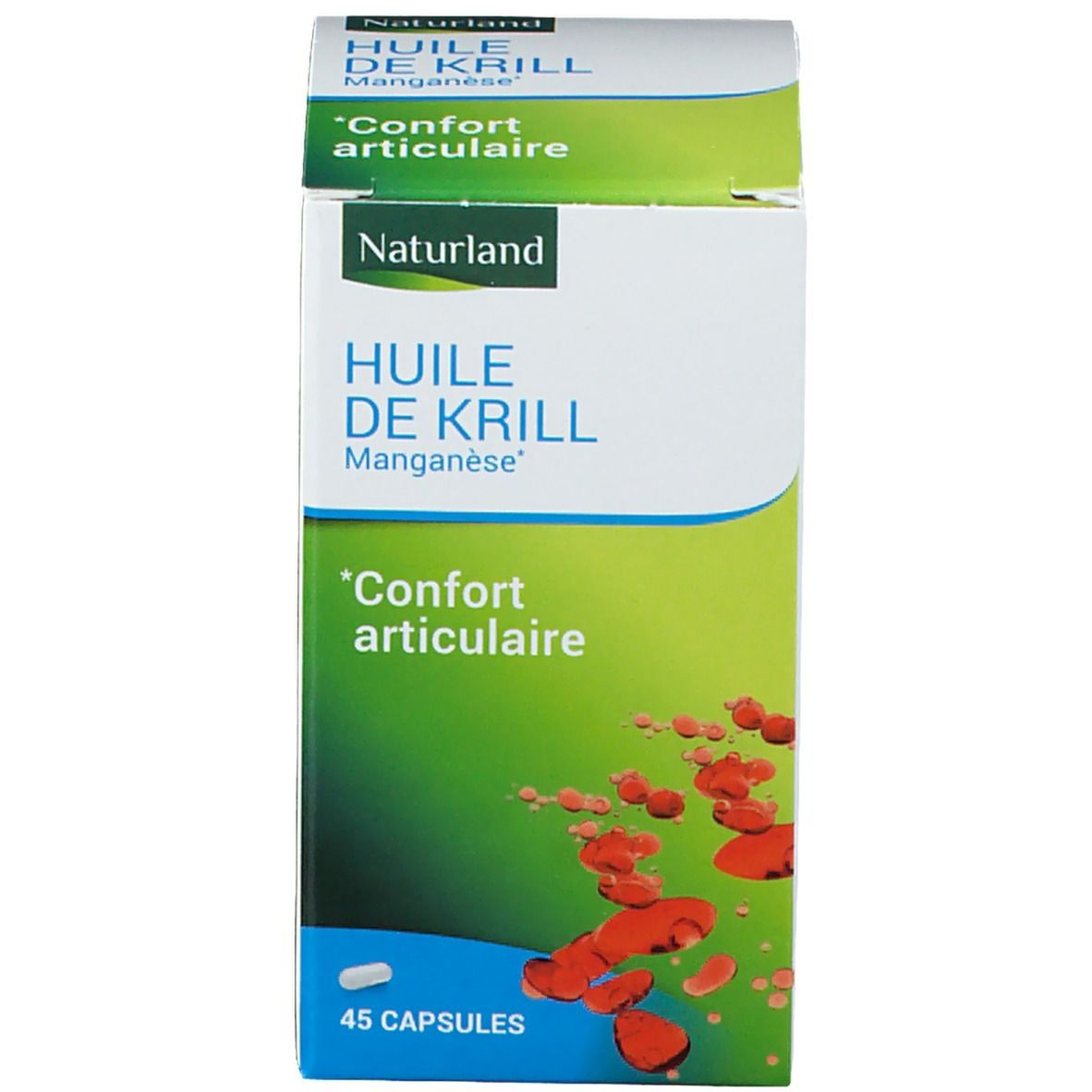 Boîte verte avec inscription : Naturland, Huile de Krill, 'Confort articulaire'. 45 capsules.