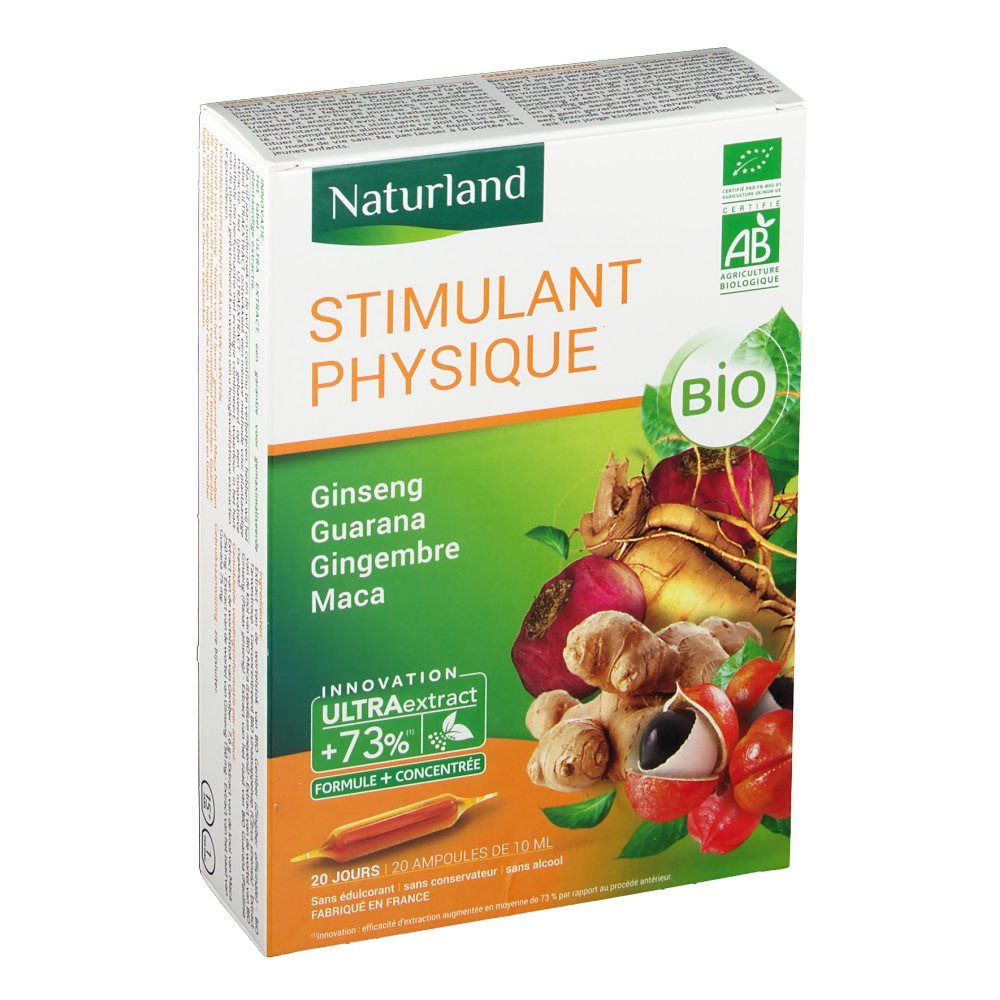 Boîte de Naturland STIMULANT PHYSIQUE. Contient Ginseng, Guarana, Gingembre, Maca. Certification Bio. 20 ampoules.