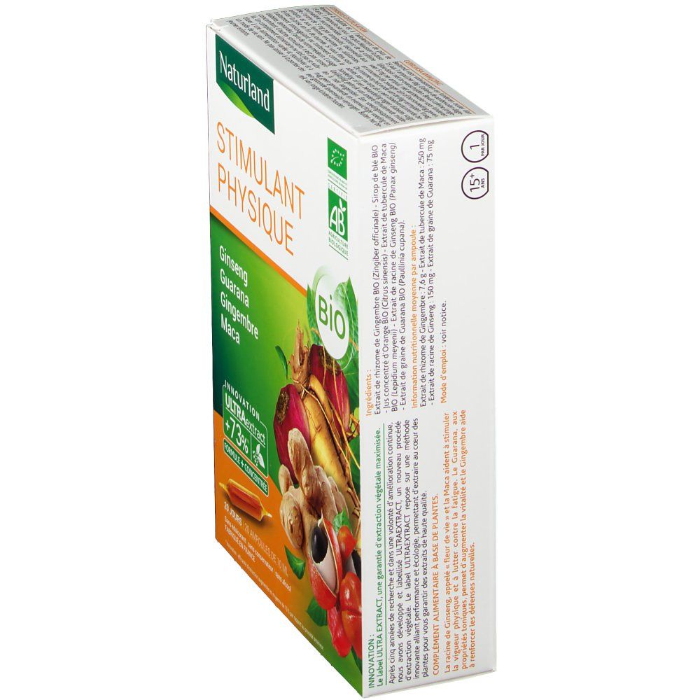 Vue latérale de la boîte Naturland STIMULANT PHYSIQUE. Contient Ginseng, Guarana, Gingembre, Maca. Certification Bio.