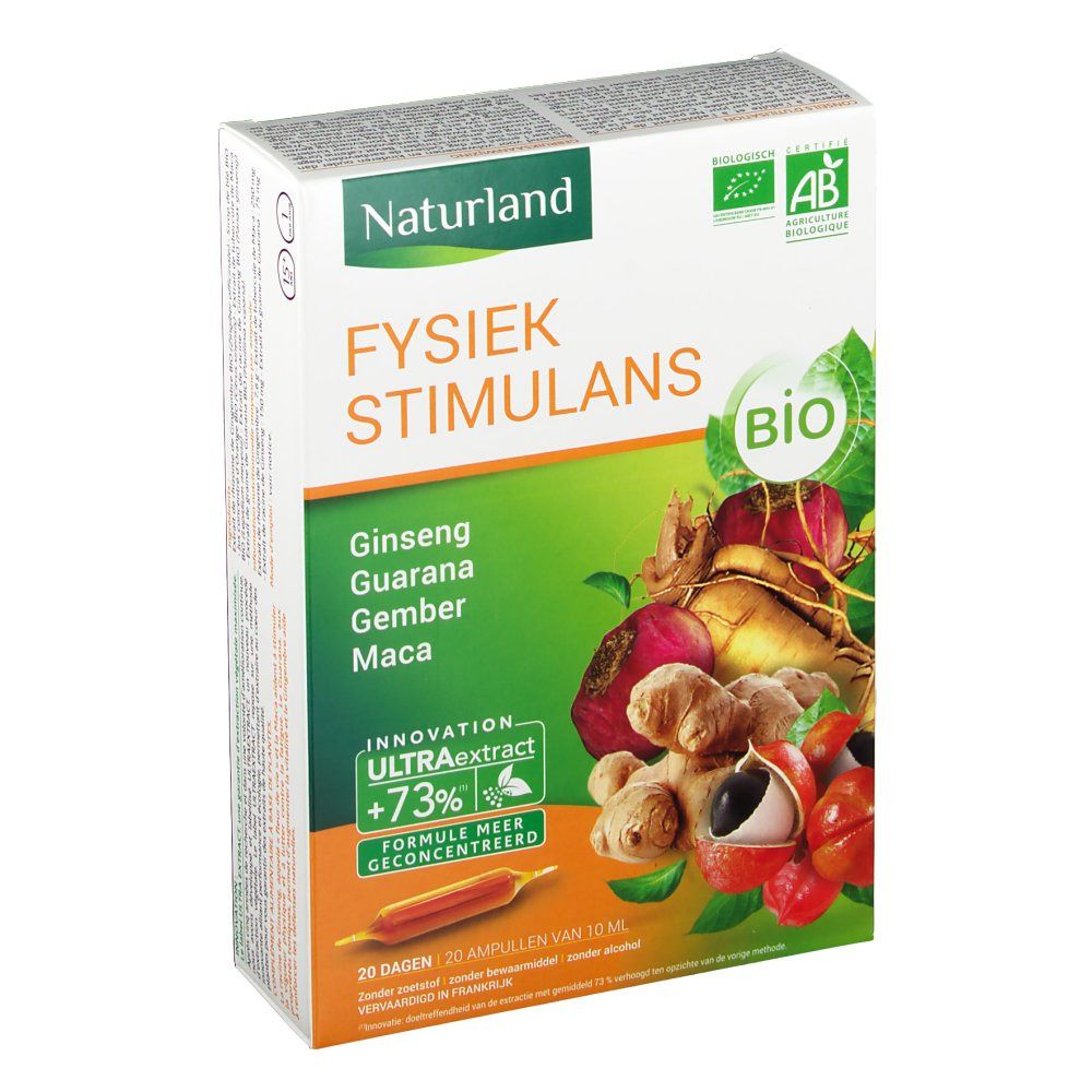 Boîte de Naturland STIMULANT PHYSIQUE. Contient Ginseng, Guarana, Gingembre, Maca. Certification Bio. 20 ampoules.