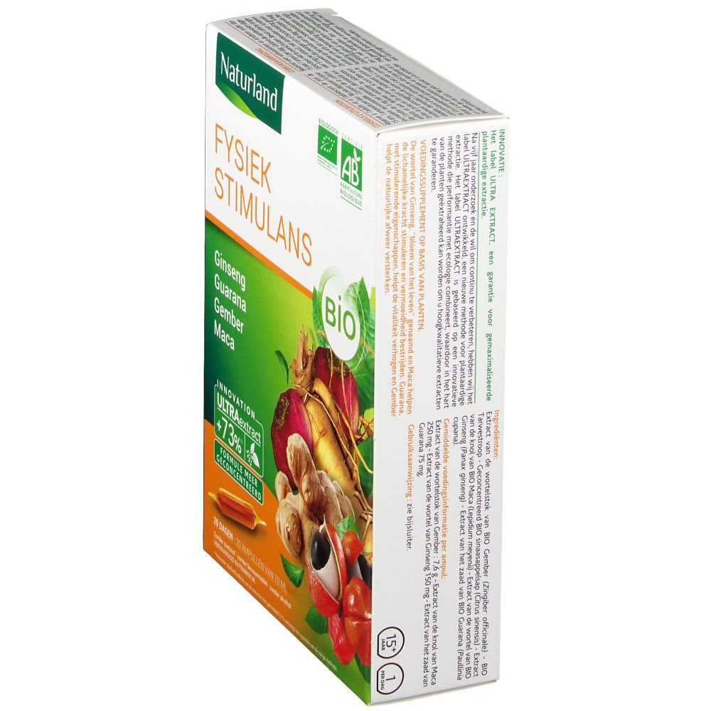 Vue latérale de la boîte Naturland FYSIEK STIMULANS. Contient Ginseng, Guarana, Gingembre, Maca. Certification Bio.