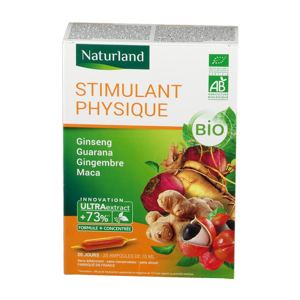 Boîte de Naturland STIMULANT PHYSIQUE. Contient Ginseng, Guarana, Gingembre, Maca. Certification Bio. 20 ampoules.