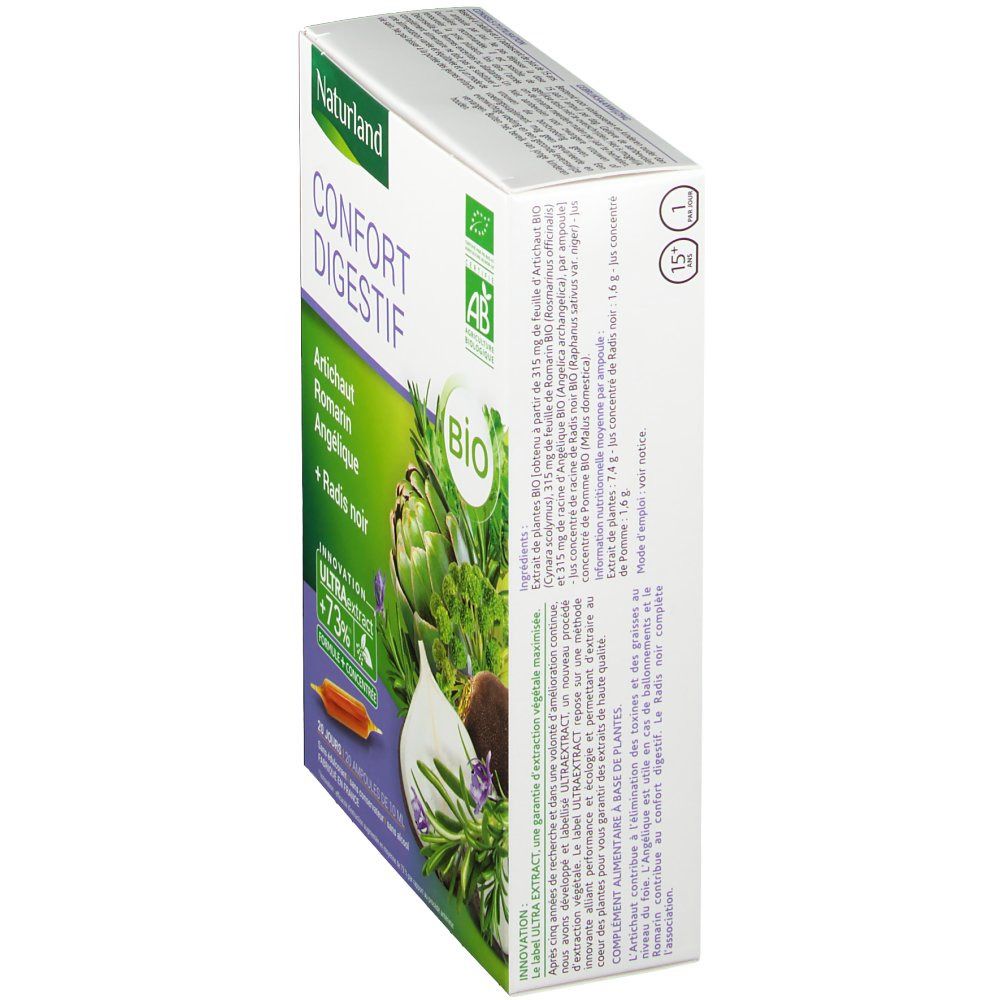 Boîte, vue latérale. Nom du produit et liste des ingrédients. Logos AB et Naturland. Informations textuelles.