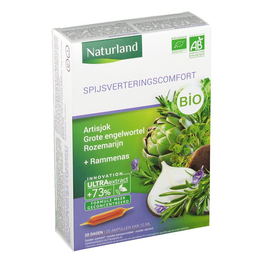 Emballage produit avec texte néerlandais. Nom et ingrédients. Logos AB et Naturland. Illustration de légumes.