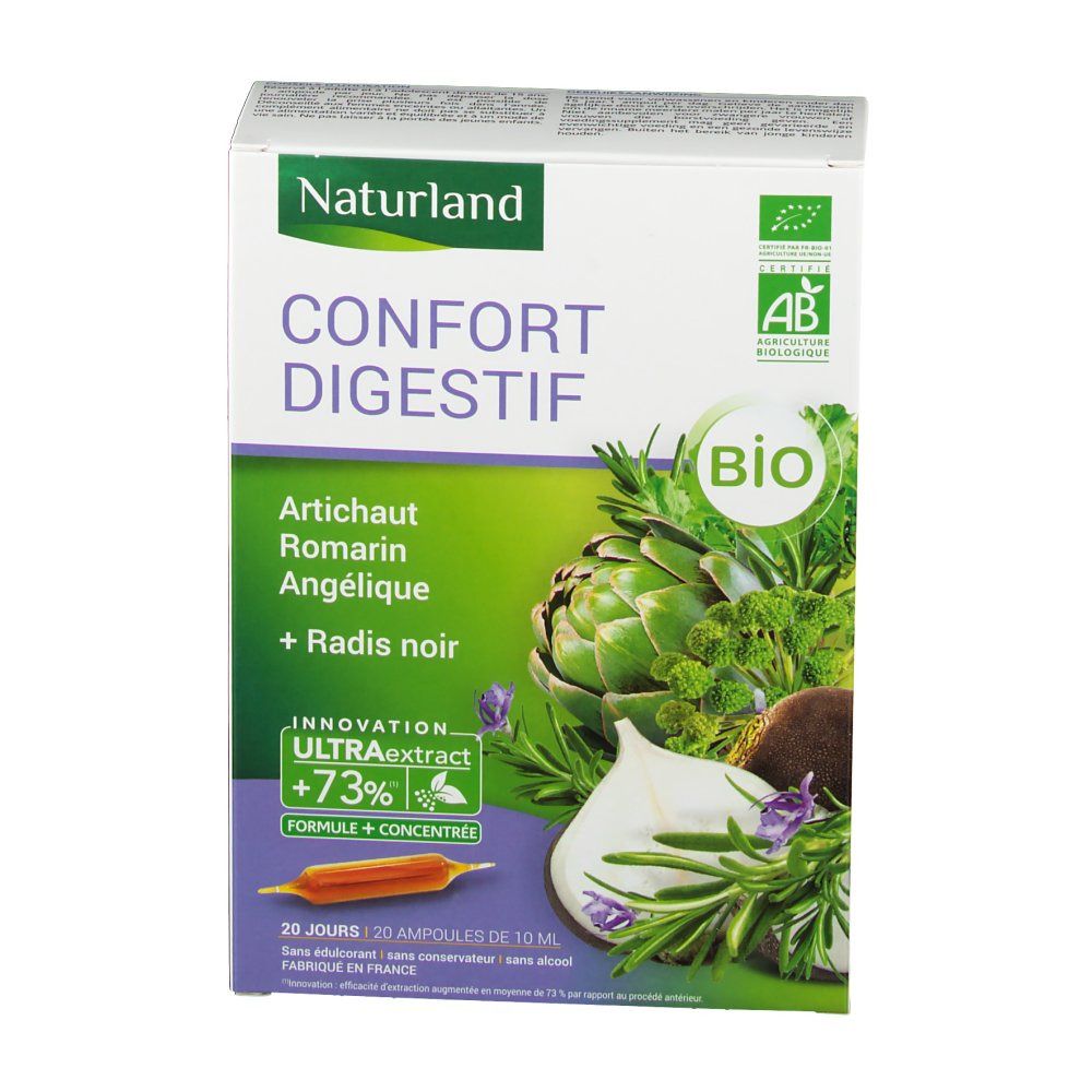 Boîte de produit avec nom et ingrédients. Logos AB et Naturland visibles. Illustration de légumes.