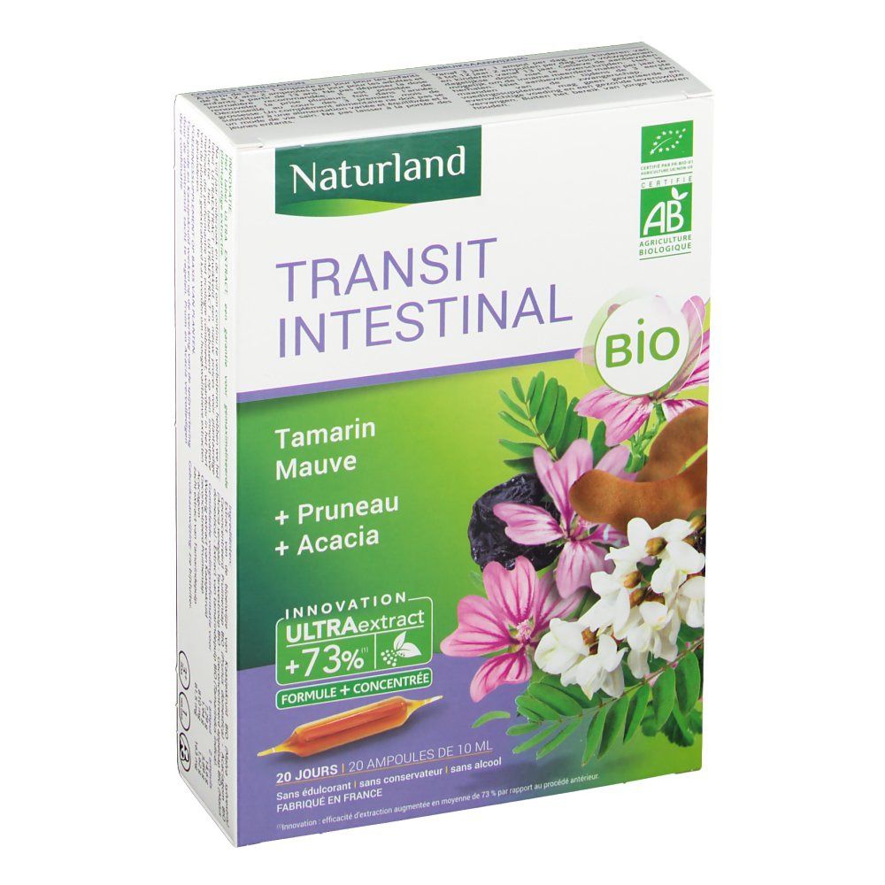 Boîte avec nom du produit et illustration florale. Labels bio et ingrédients : tamarin, mauve, pruneau, acacia. 20 ampoules.