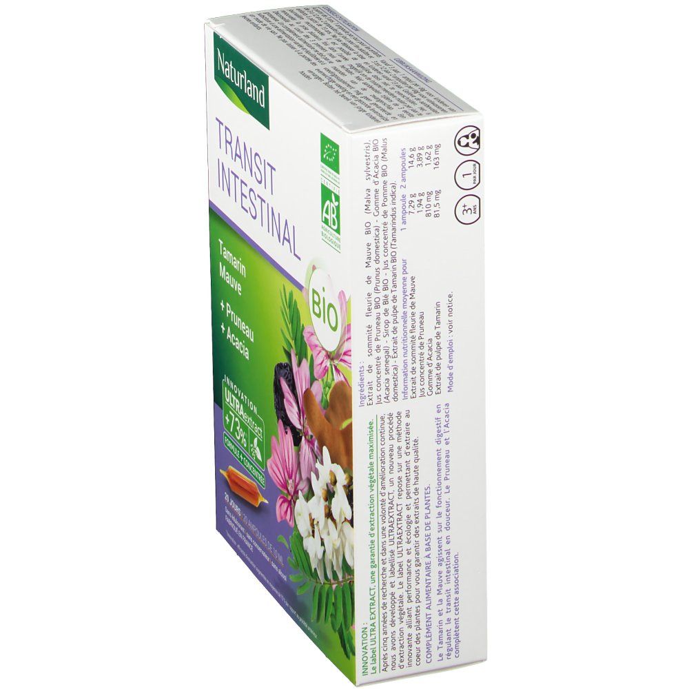 Vue en biais de la boîte. Nom du produit, label bio, ingrédients et informations nutritionnelles sur le côté.