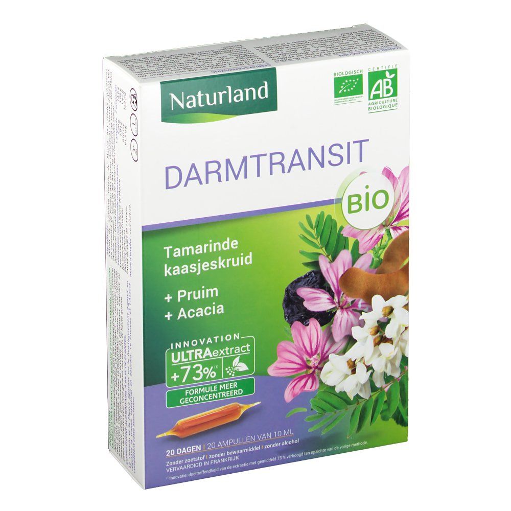 Boîte avec nom du produit et illustration florale. Labels bio et ingrédients : tamarin, mauve, prune, acacia. 20 ampoules.