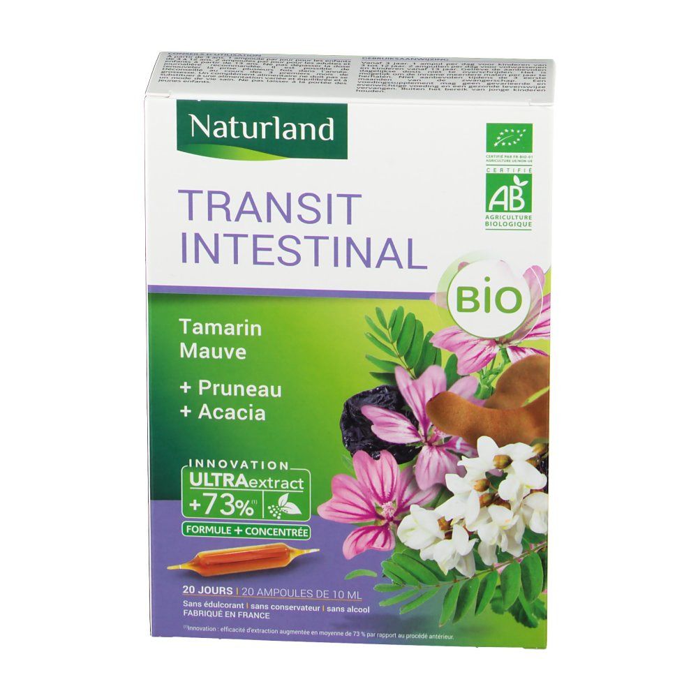 Boîte avec nom du produit et illustration florale. Labels bio et ingrédients : tamarin, mauve, prune, acacia. 20 ampoules.