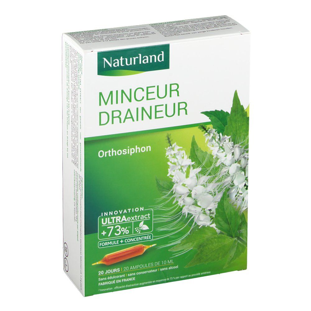 Boîte Naturland MINCEUR DRAINEUR. Design vert et blanc, nom du produit et logo Orthosiphon. 20 ampoules.
