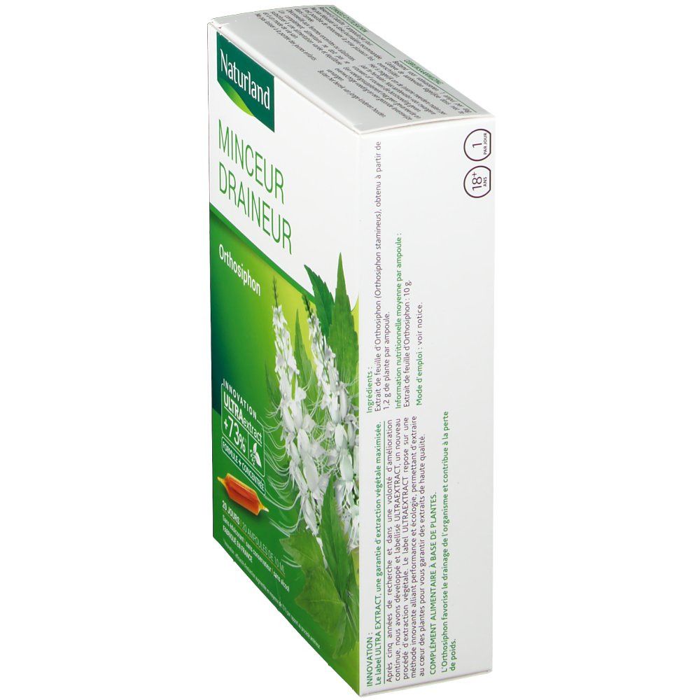 Boîte Naturland MINCEUR DRAINEUR, vue latérale. Nom du produit, logo Orthosiphon et texte. Design vert et blanc.