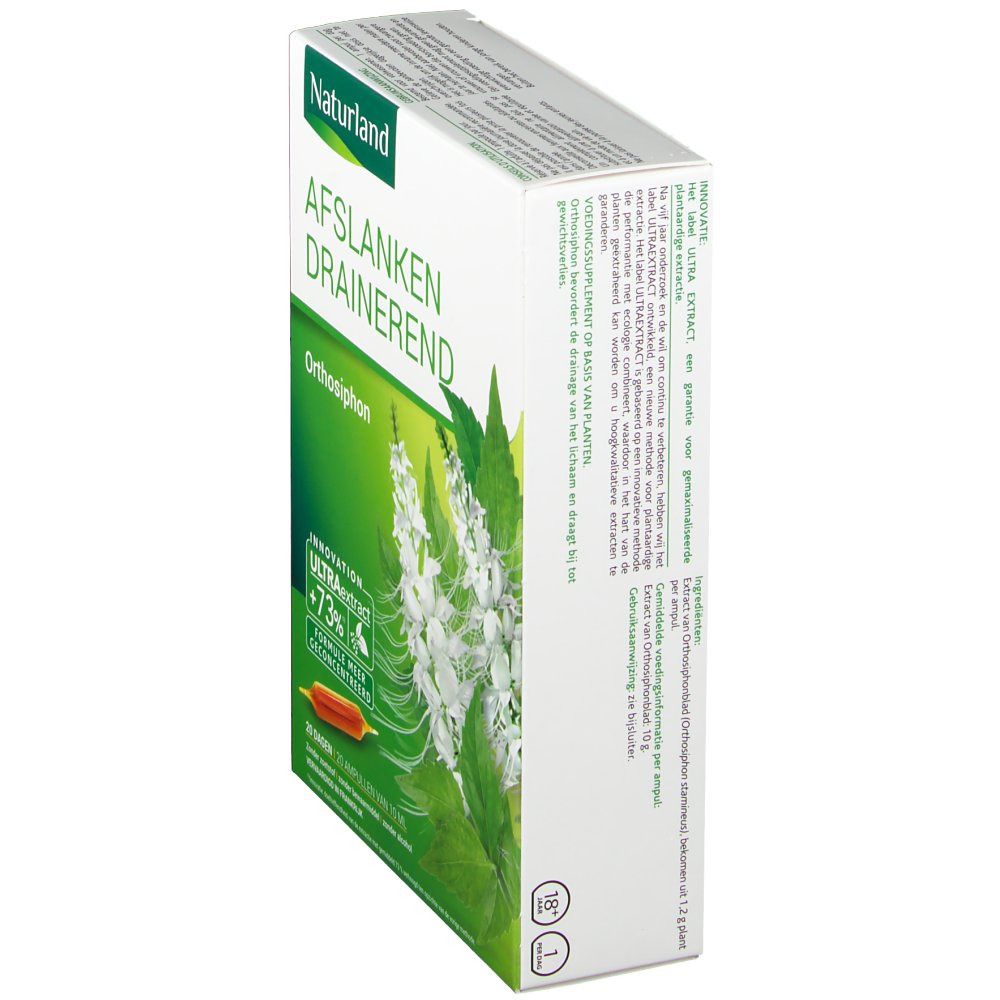 Boîte Naturland MINCEUR DRAINEUR. Design vert et blanc, nom du produit et logo Orthosiphon. 20 ampoules.