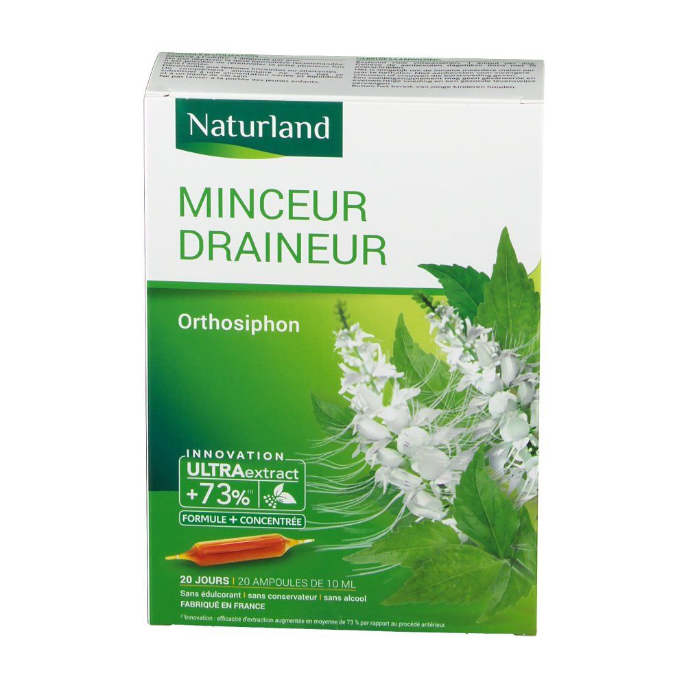 Boîte Naturland MINCEUR DRAINEUR. Design vert et blanc, nom du produit et logo Orthosiphon. 20 ampoules.