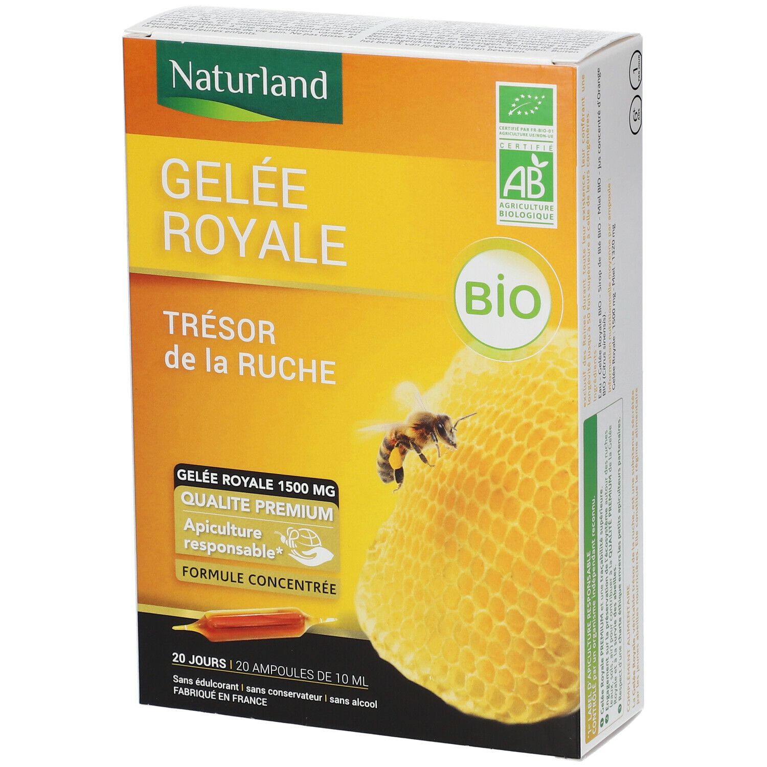 Boîte de Gelée Royale Naturland. Inscriptions : Gelée Royale, label Bio, 20 ampoules de 10 ml. Illustration d'une abeille et d'un rayon de miel.