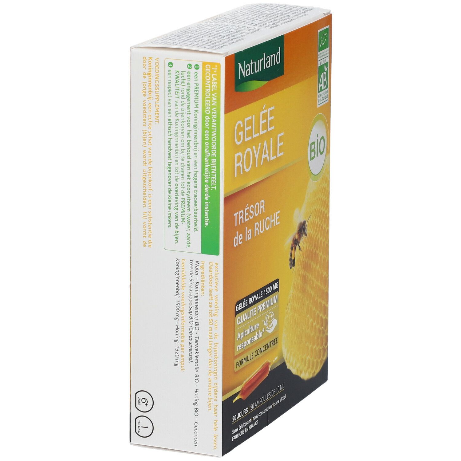 Vue latérale de la boîte de Gelée Royale Naturland. Texte : Gelée Royale, label Bio, 20 ampoules. Dos avec texte multilingue.