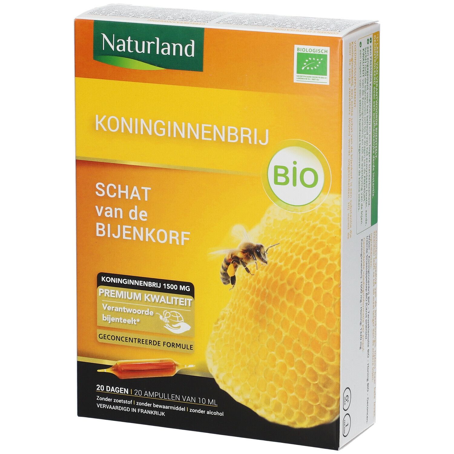 Boîte de Koninginnenbrij Naturland. Inscriptions : Koninginnenbrij, label Bio, 20 ampoules de 10 ml. Illustration d'une abeille et d'un rayon de miel.