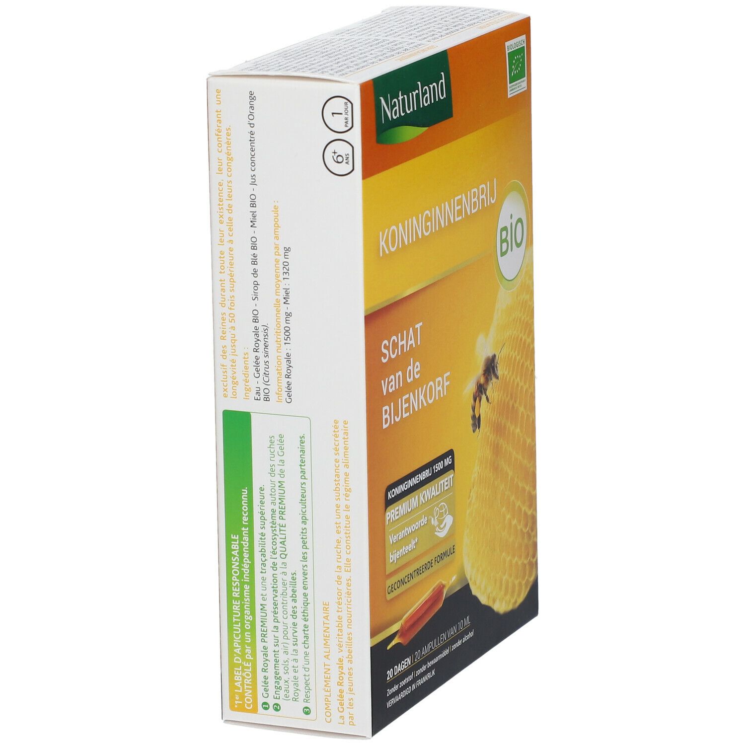 Vue latérale de la boîte de Koninginnenbrij Naturland. Texte : Koninginnenbrij, label Bio, 20 ampoules. Dos avec texte multilingue.