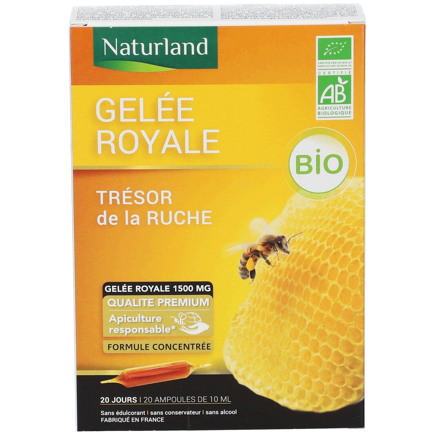 Boîte de Gelée Royale Naturland. Inscriptions : Gelée Royale, label Bio, 20 ampoules de 10 ml. Illustration d'une abeille et d'un rayon de miel.