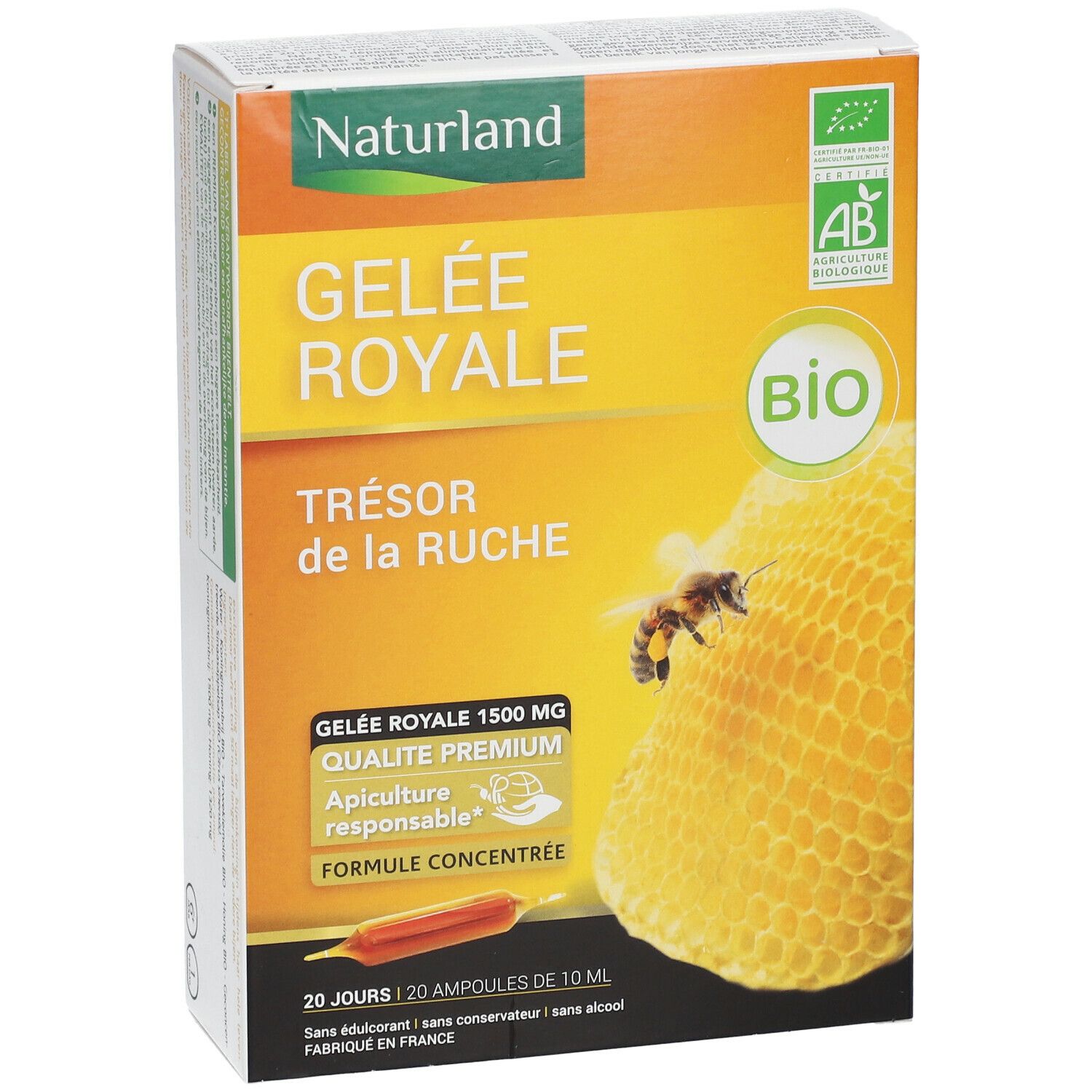 Boîte de Gelée Royale Naturland. Inscriptions : Gelée Royale, label Bio, 20 ampoules de 10 ml. Illustration d'une abeille et d'un rayon de miel.