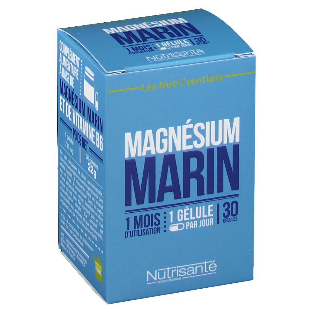 Boîte bleue "Magnésium Marin" de Nutrisanté. Contient 30 gélules. Inscription: "1 mois 1 gélule par jour". Complément alimentaire.