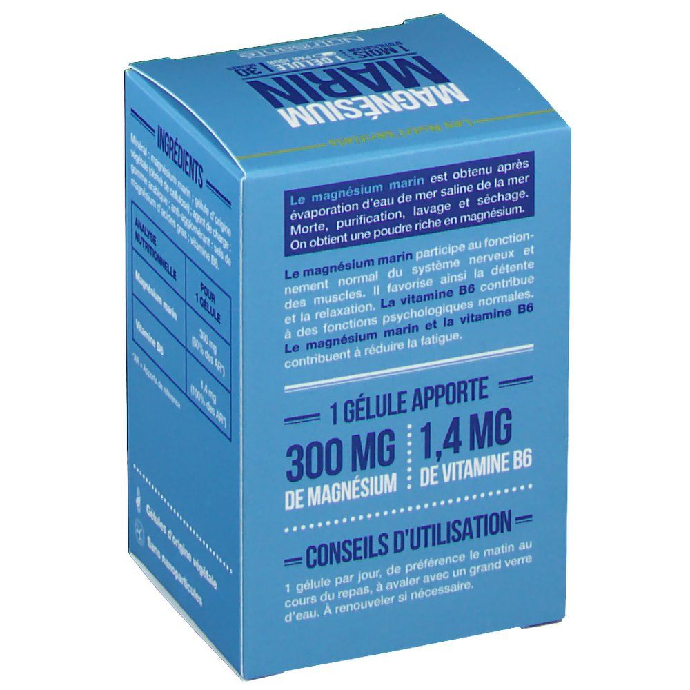 Boîte bleue, texte "Magnésium Marin". Informations sur ingrédients et utilisation. 1 gélule apporte 300mg de magnésium.