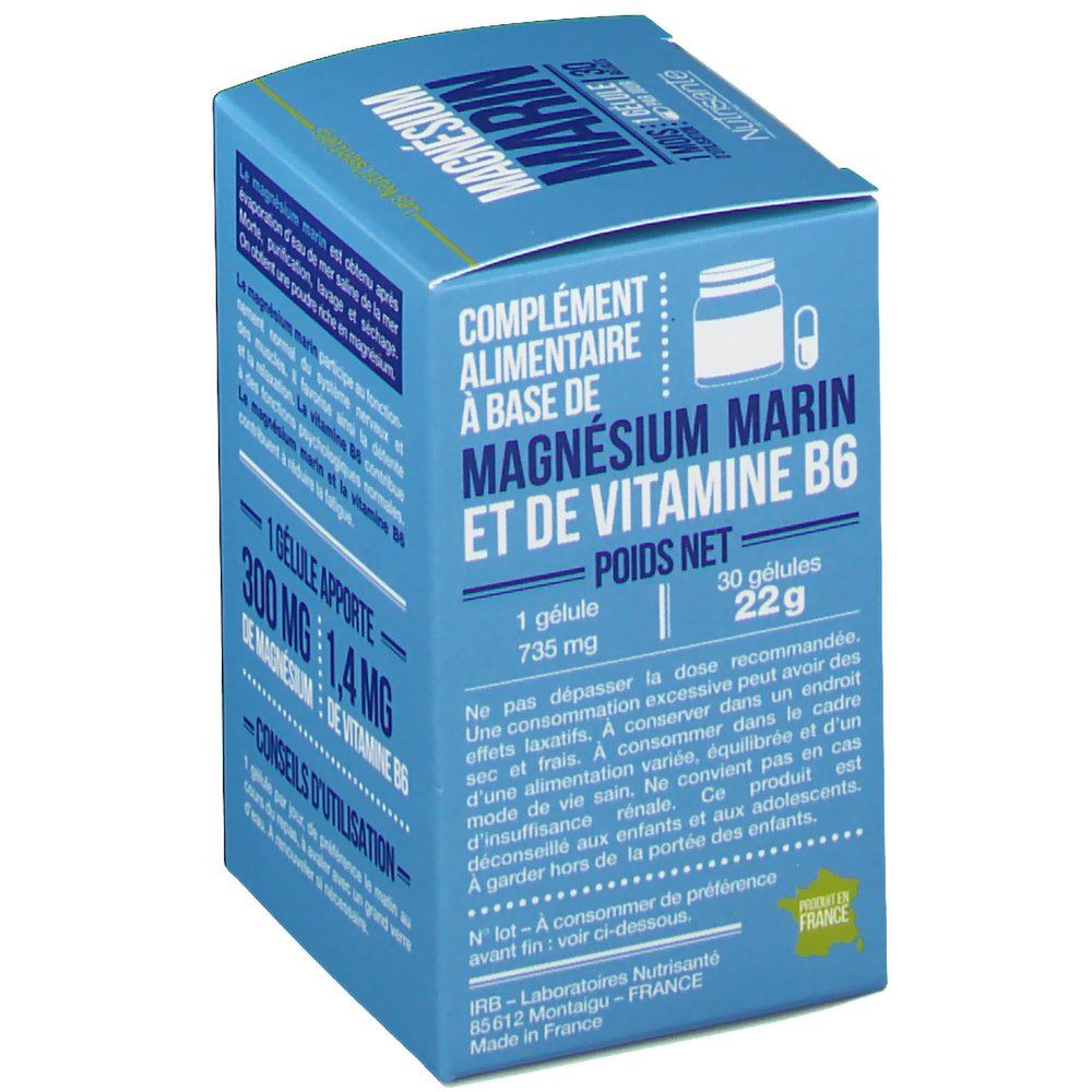 Boîte bleue "Magnésium Marin" de Nutrisanté. Contient 30 gélules. Inscription: "1 gélule apporte 300 mg de magnésium".
