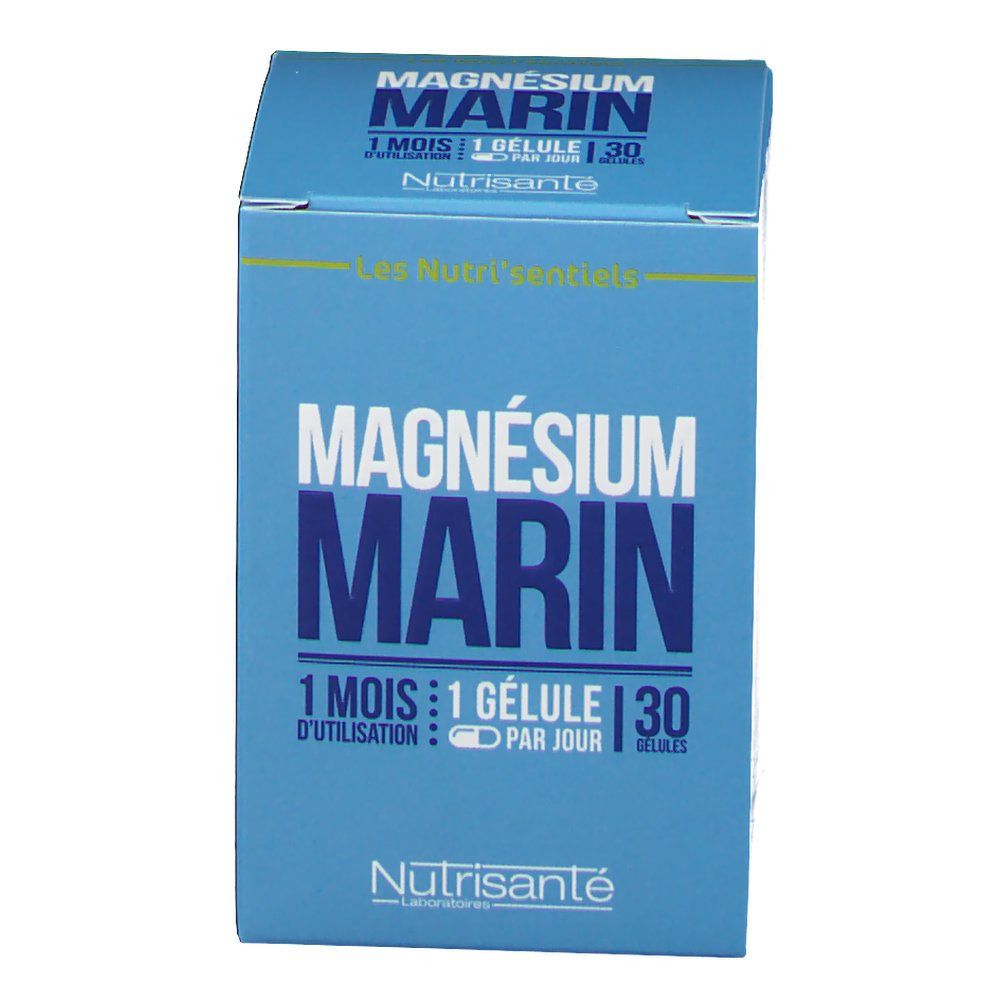Boîte bleue "Magnésium Marin" de Nutrisanté. Contient 30 gélules. Inscription: "1 mois 1 gélule par jour".