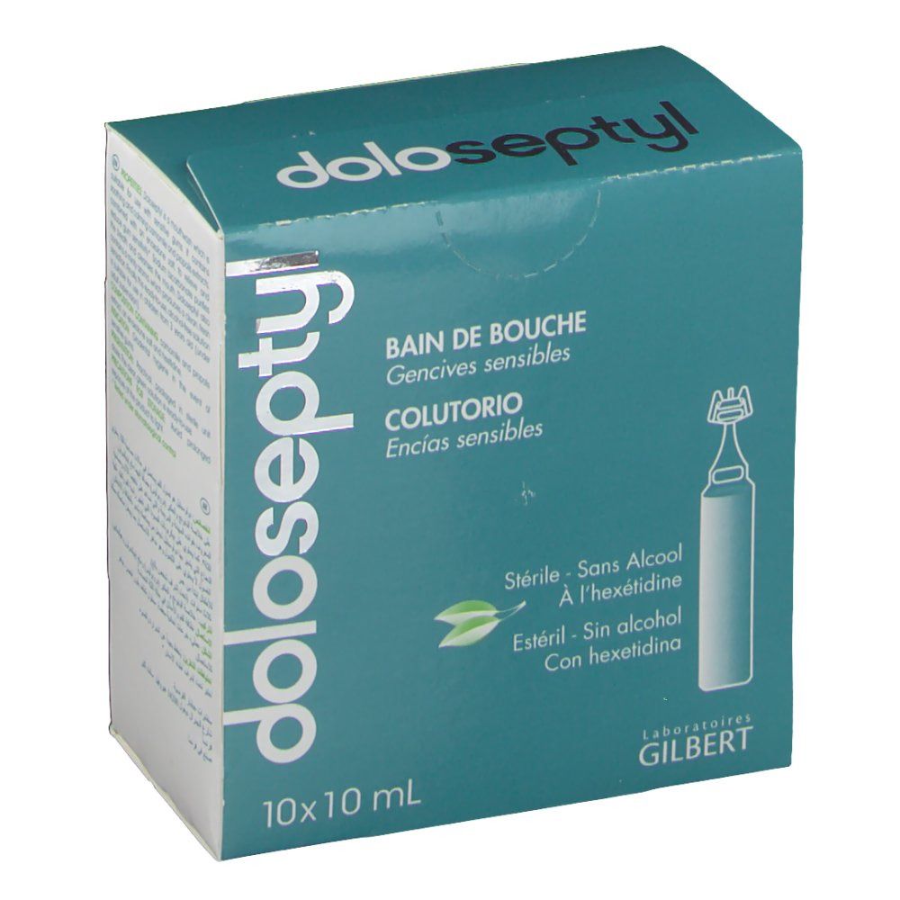 Boîte avec nom du produit et illustration. Texte: Bain de bouche, Colutorio, 10x10 ml. Stérile, sans alcool, avec hexétidine. Laboratoires Gilbert.