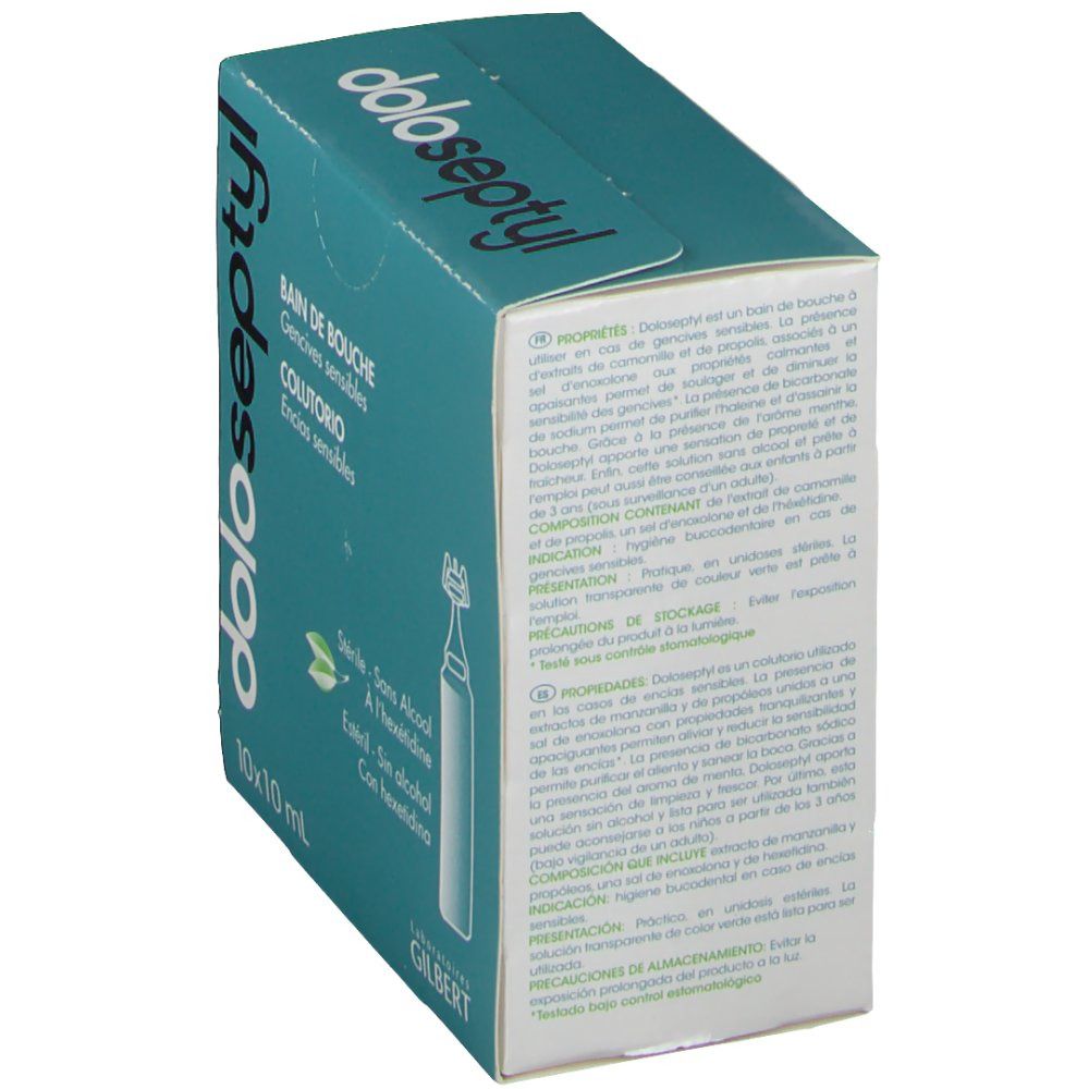 Emballage du produit avec nom et texte. Texte: Bain de bouche, Colutorio, 10x10 ml. Stérile, sans alcool, avec hexétidine. Laboratoires Gilbert. Texte au dos.