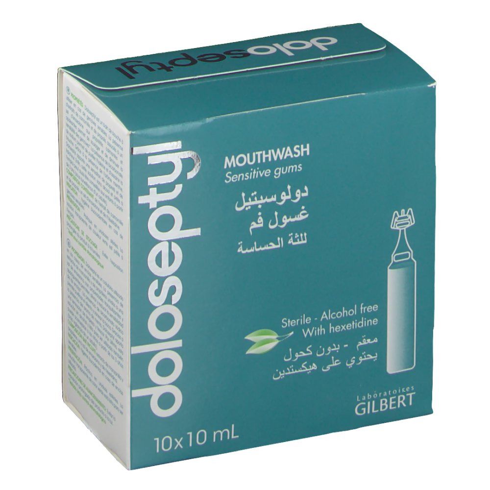 Emballage avec nom et texte. Texte: Mouthwash, Sensitive gums, 10x10 ml. Stérile, sans alcool, avec hexétidine. Laboratoires Gilbert. Texte arabe.