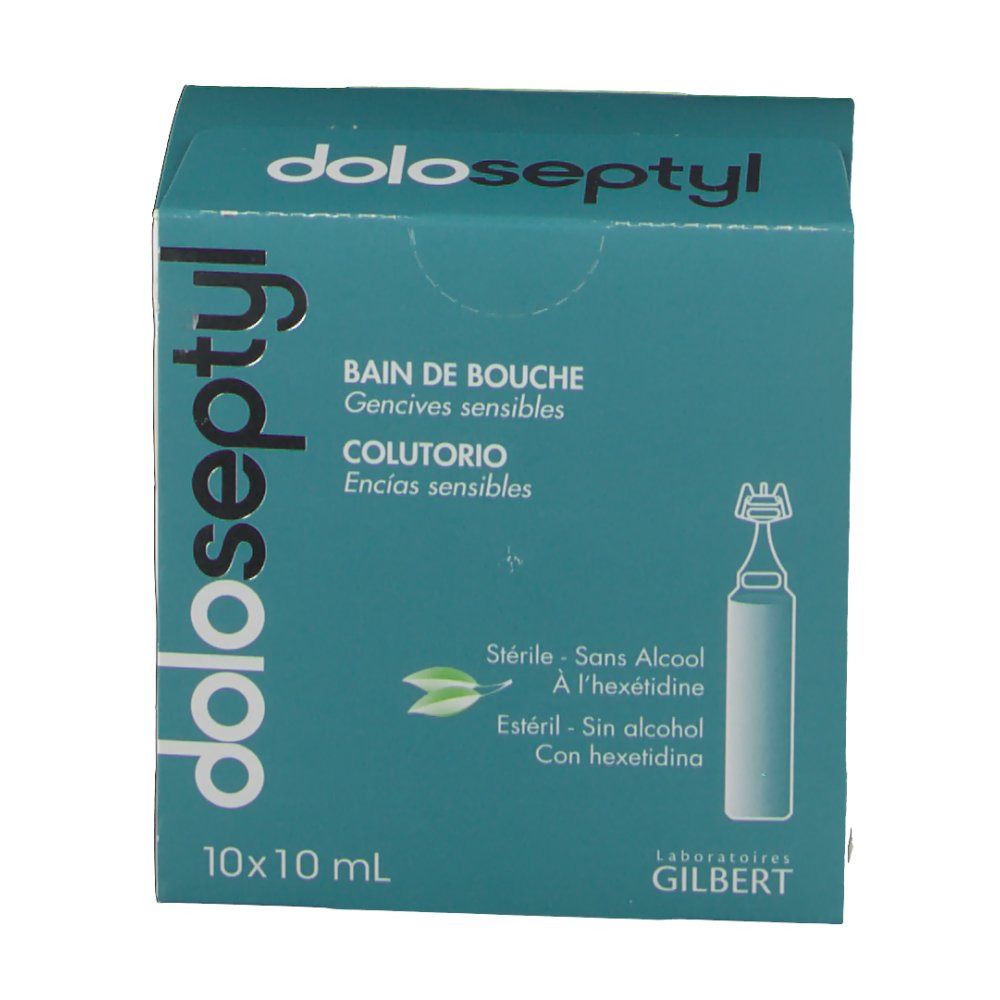 Emballage avec nom et texte. Texte: Bain de bouche, Colutorio, 10x10 ml. Stérile, sans alcool, avec hexétidine. Laboratoires Gilbert.