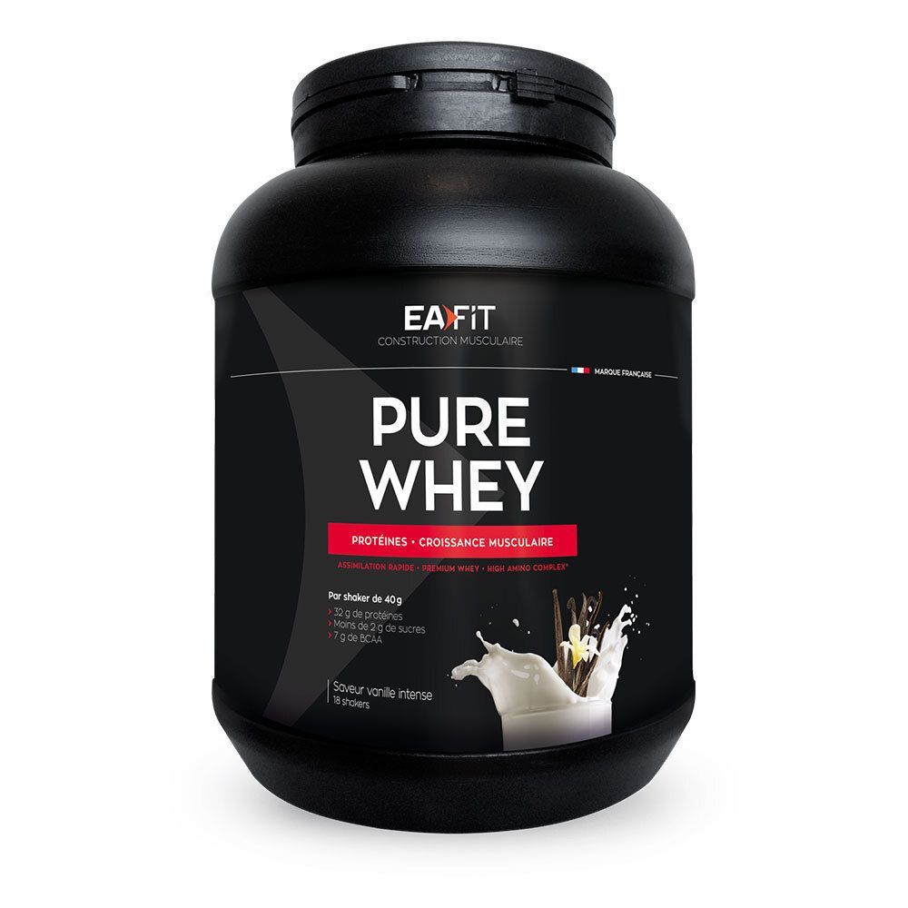 Pot noir de poudre protéinée EA FIT PURE WHEY, saveur vanille.