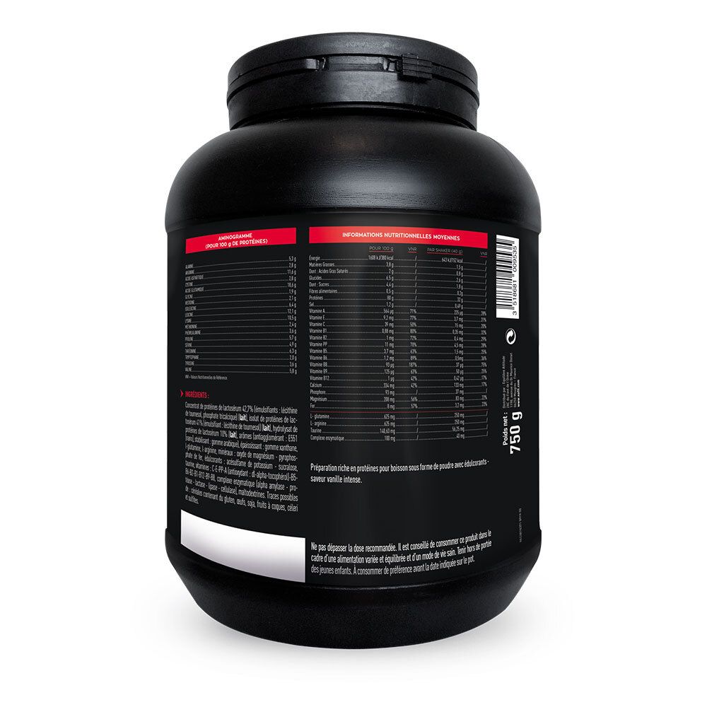 Arrière d'un pot noir avec informations nutritionnelles pour poudre protéinée EA FIT PURE WHEY.