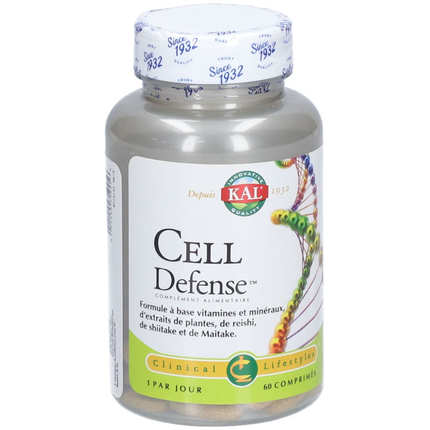 Flacon de KAL CELL DEFENSE CPR 60 comprimés. Inscription: CELL Defense, 60 comprimés, 1 par jour. Avec logo et texte.