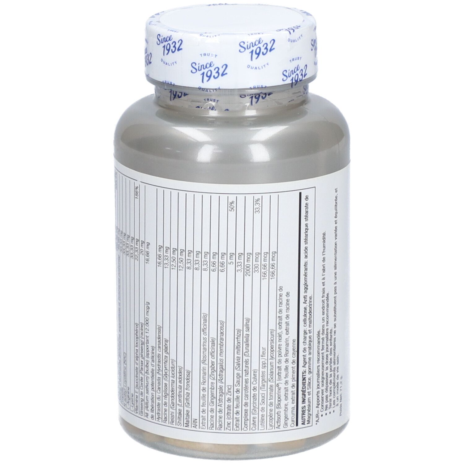 Dos d'un flacon de KAL CELL DEFENSE CPR 60. Étiquette avec ingrédients et informations nutritionnelles. Couvercle avec logo.