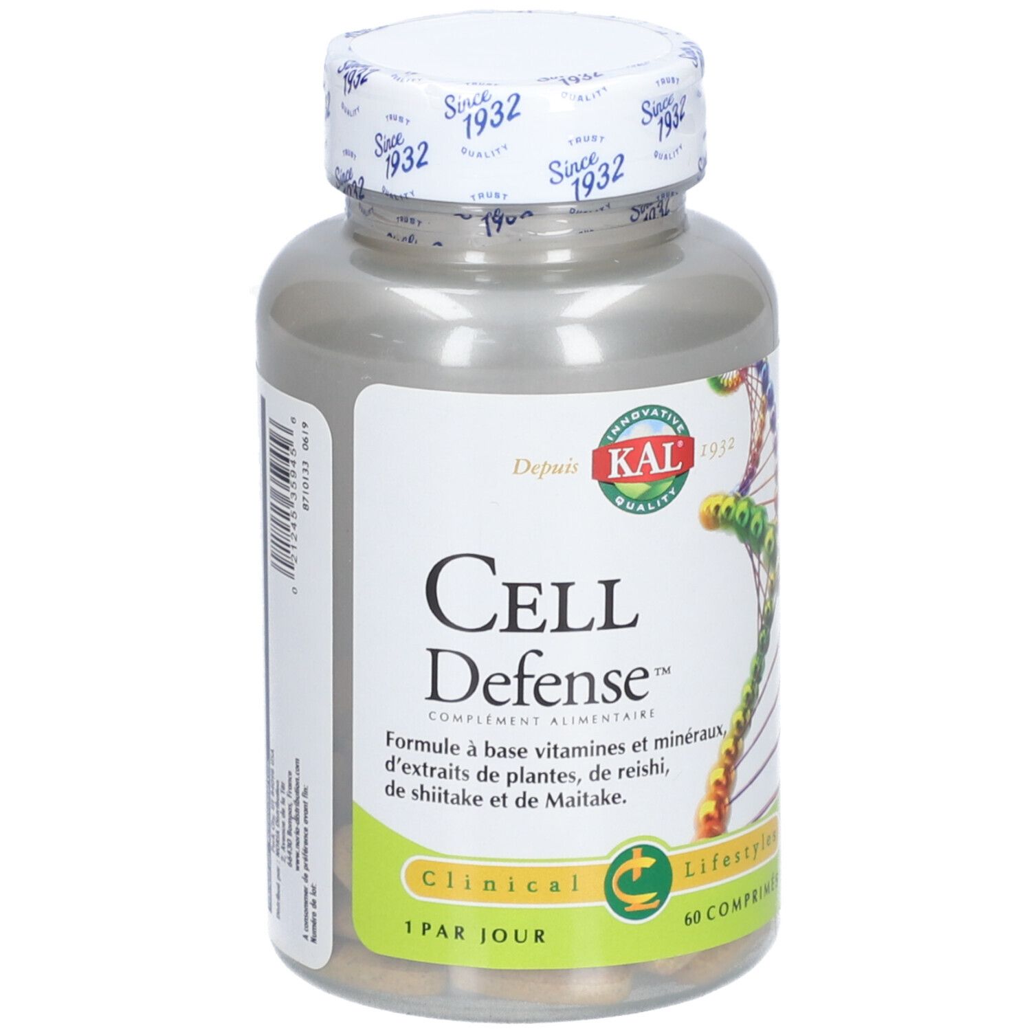 Flacon de KAL CELL DEFENSE CPR 60 comprimés. Inscription: CELL Defense, 60 comprimés, 1 par jour. Avec logo et texte.