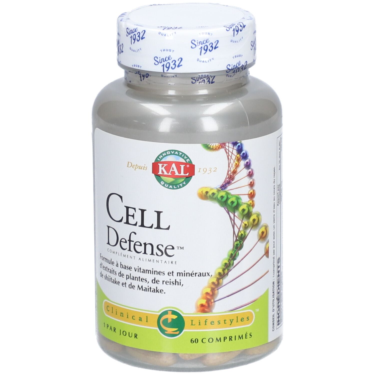 Flacon de KAL CELL DEFENSE CPR 60 comprimés. Inscription: CELL Defense, 60 comprimés, 1 par jour. Avec logo et texte.